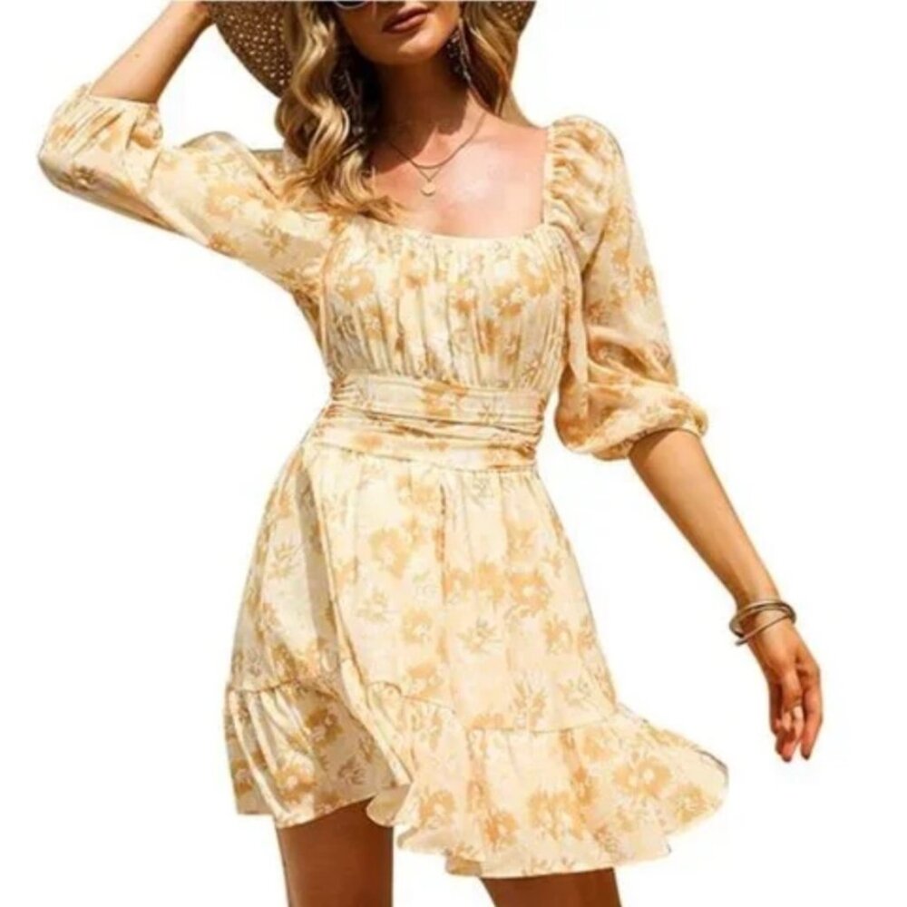 C+D+M Babydoll Mini Dress Ivory Yellow Floral Chiffon L Tie Back Cinched Waist D